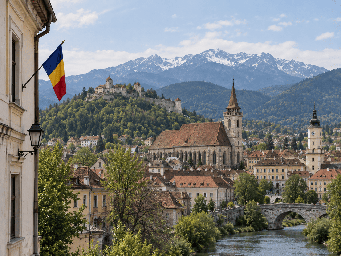 Romanian flag over Brașov with mountains and historic town
