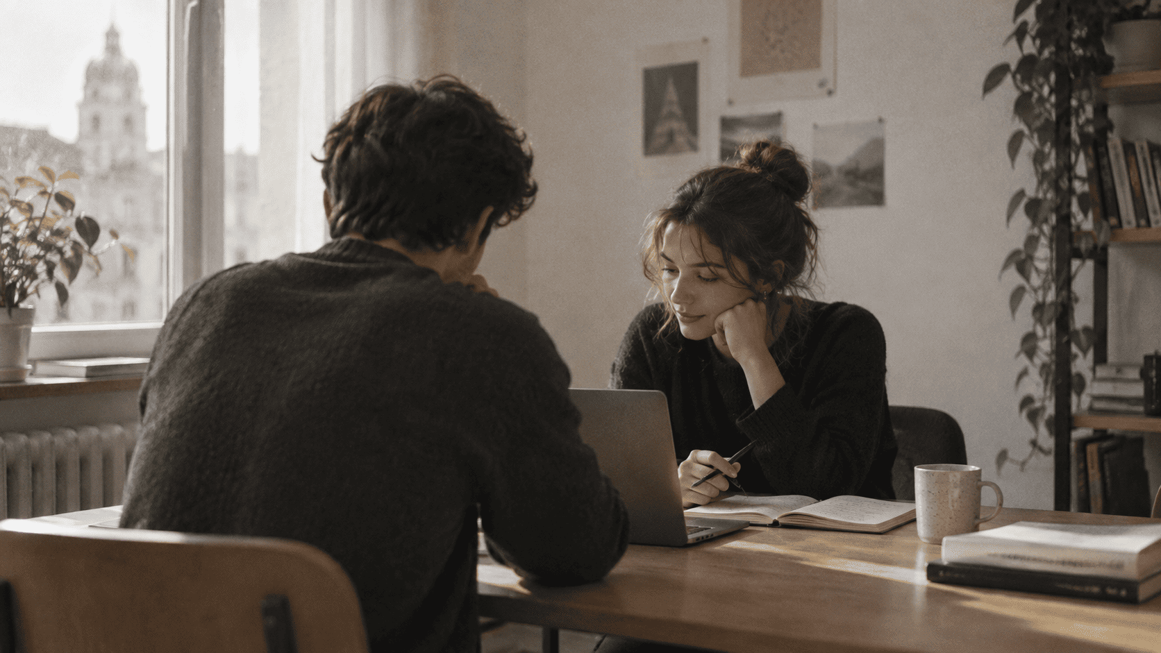 Two students discussing a thesis plan at a laptop