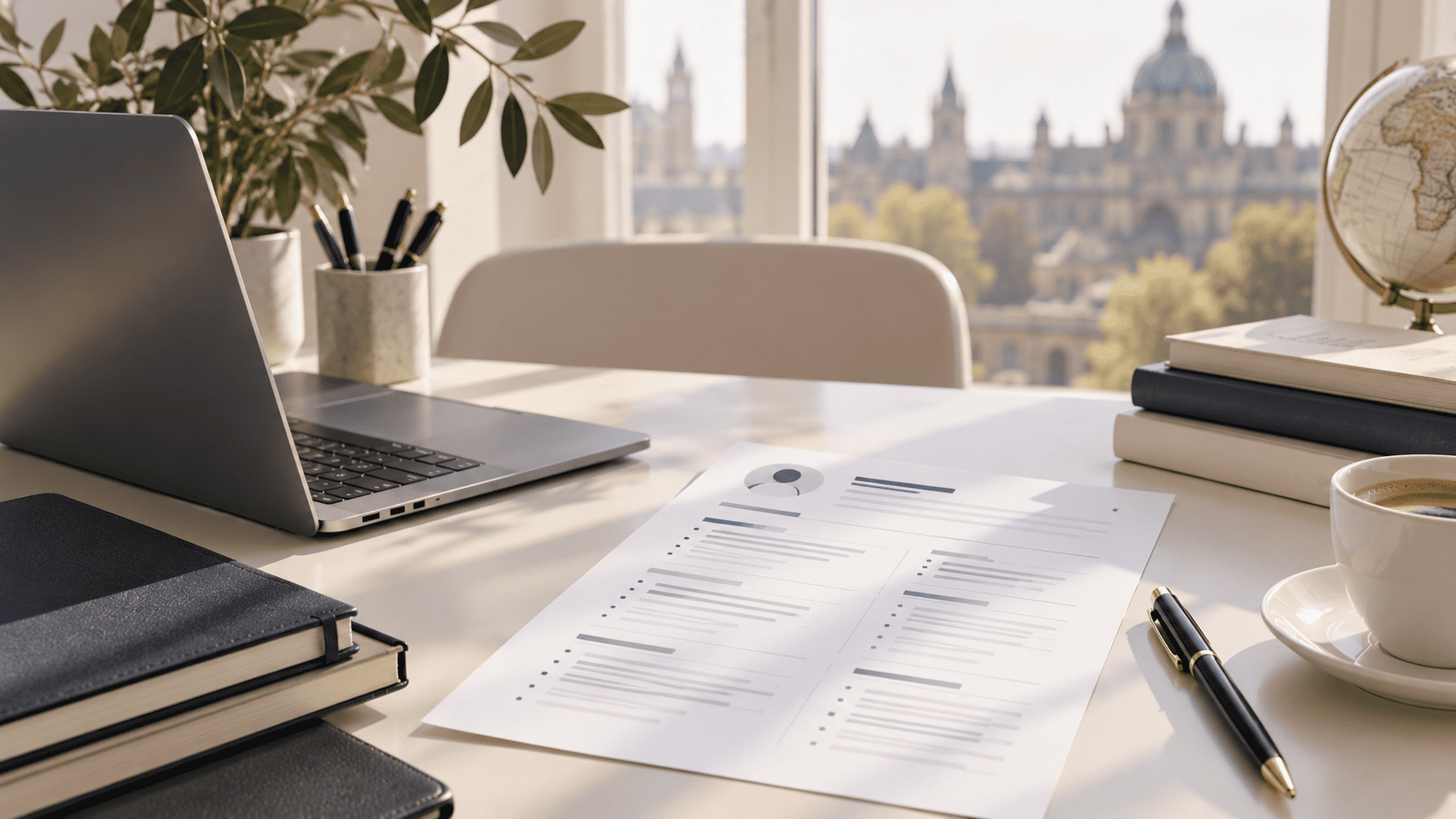 A student desk with a laptop, books and university application documents