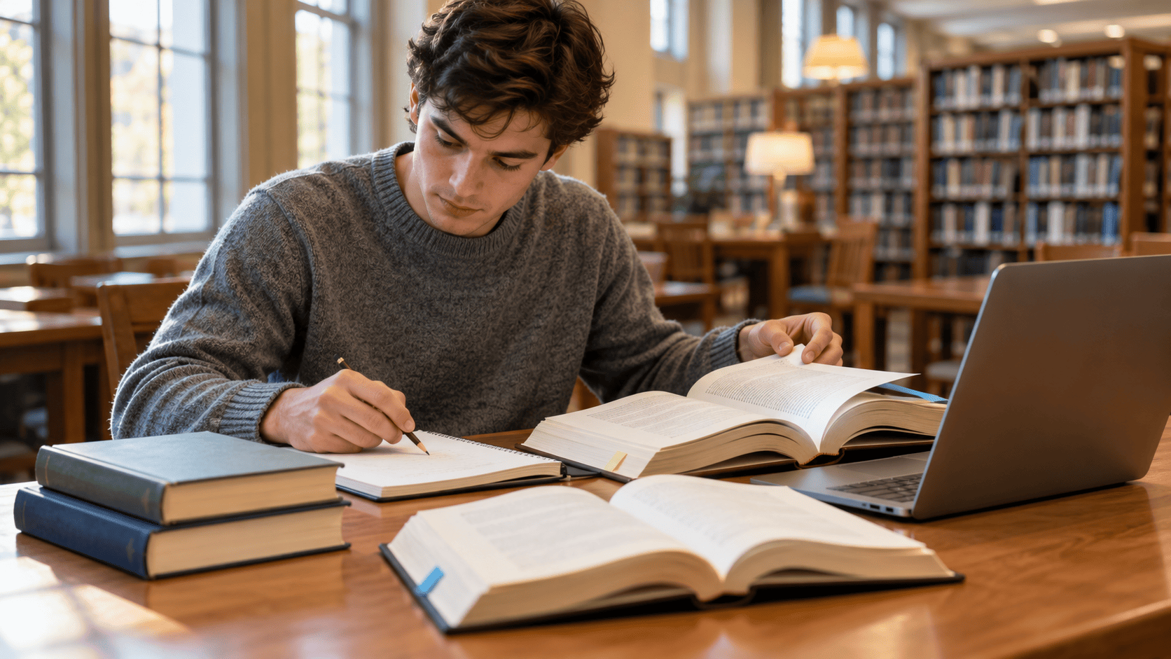A student checks sources in books and takes notes at a library table