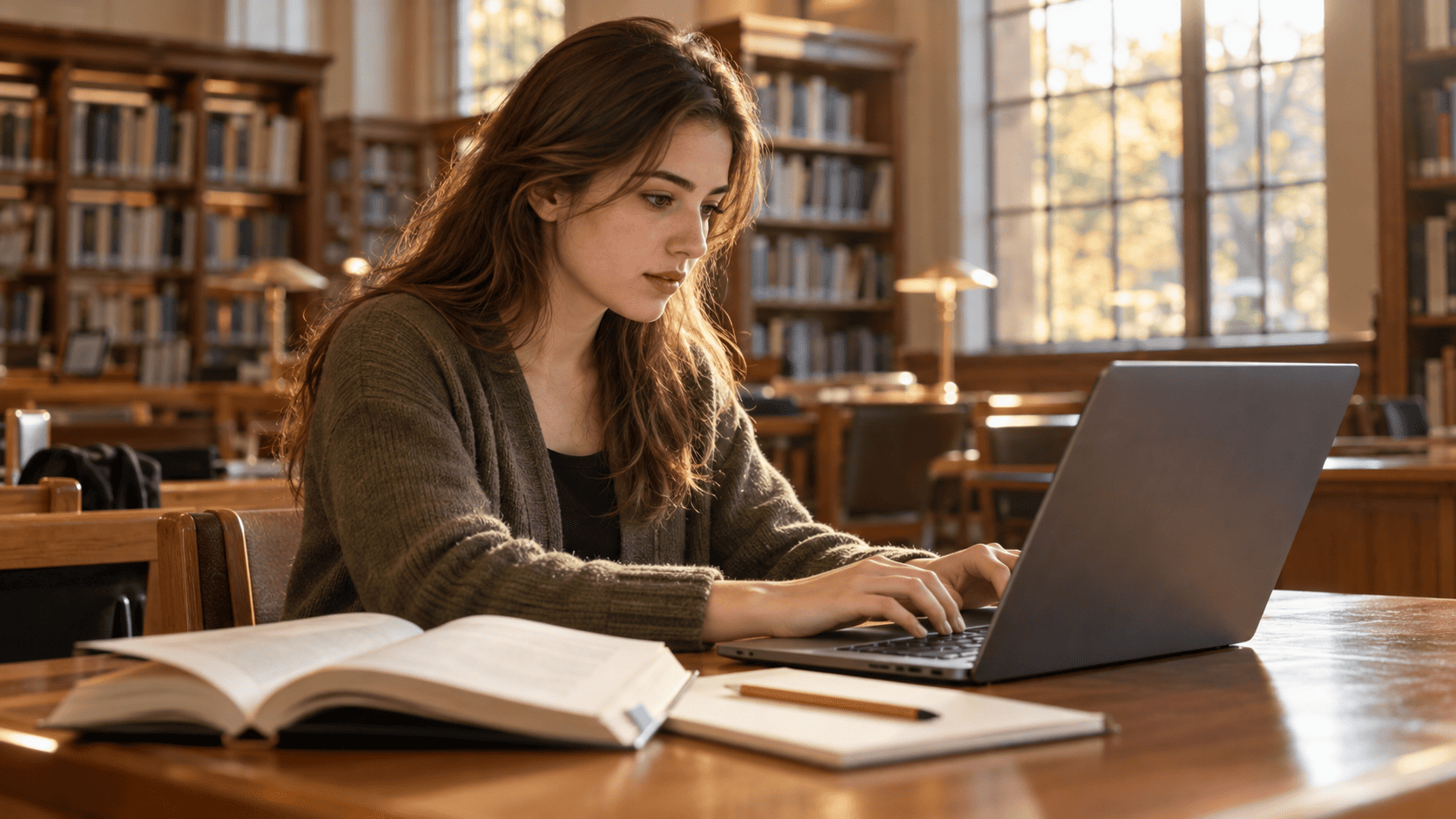 Student writing an academic essay on a laptop beside a book and notebook in a library