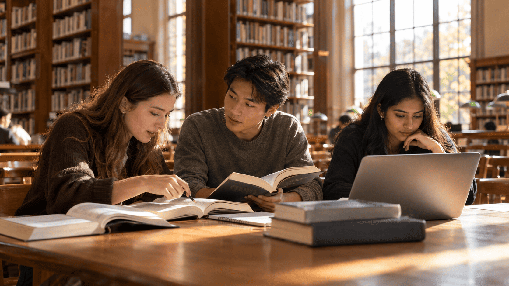 Studenți discutând surse de cercetare la o masă într-o bibliotecă