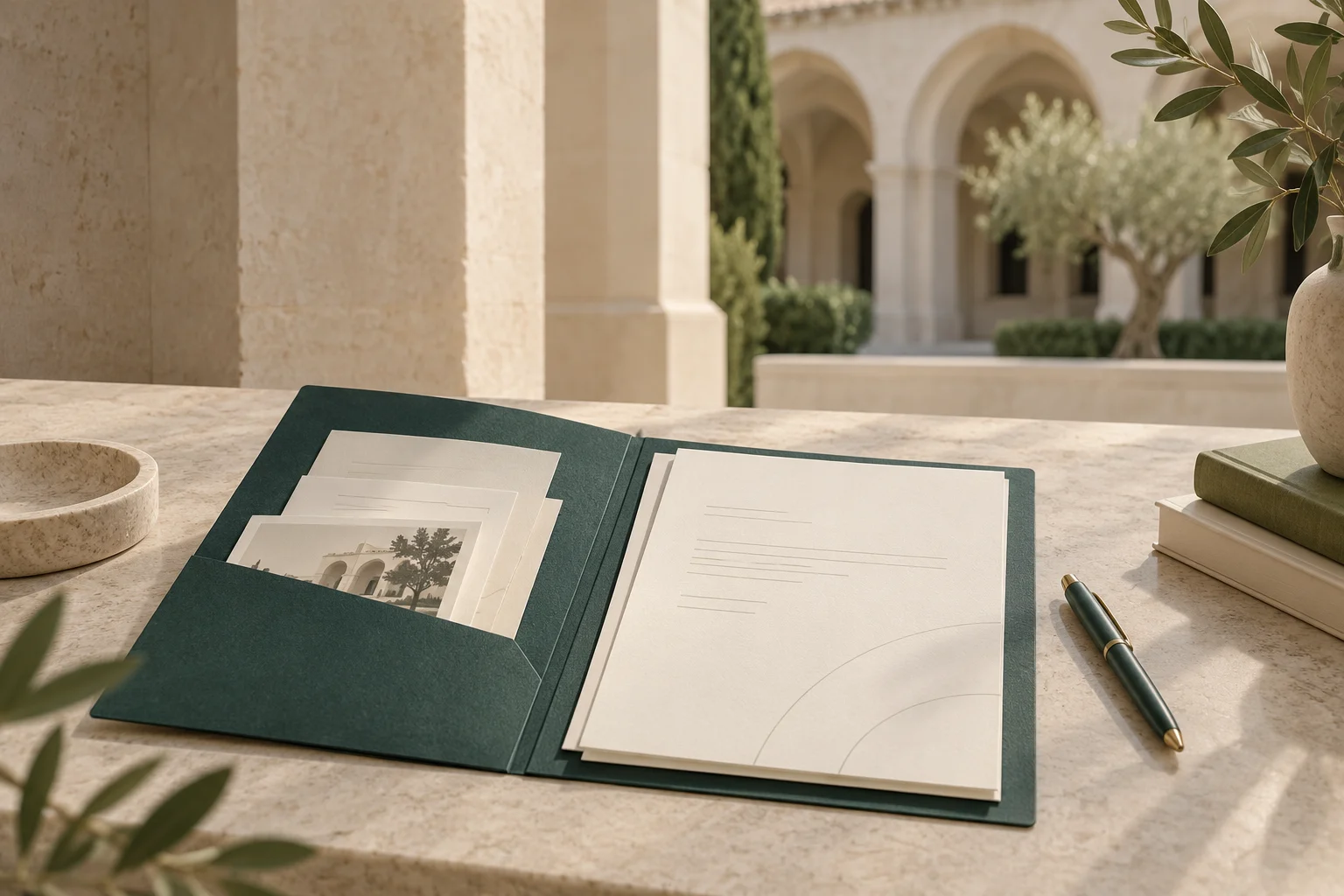 Application folder and pen in a stylised Spanish university courtyard