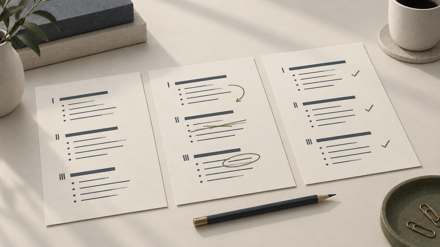 Three research outline sheets with revision marks and a pencil on a light desk