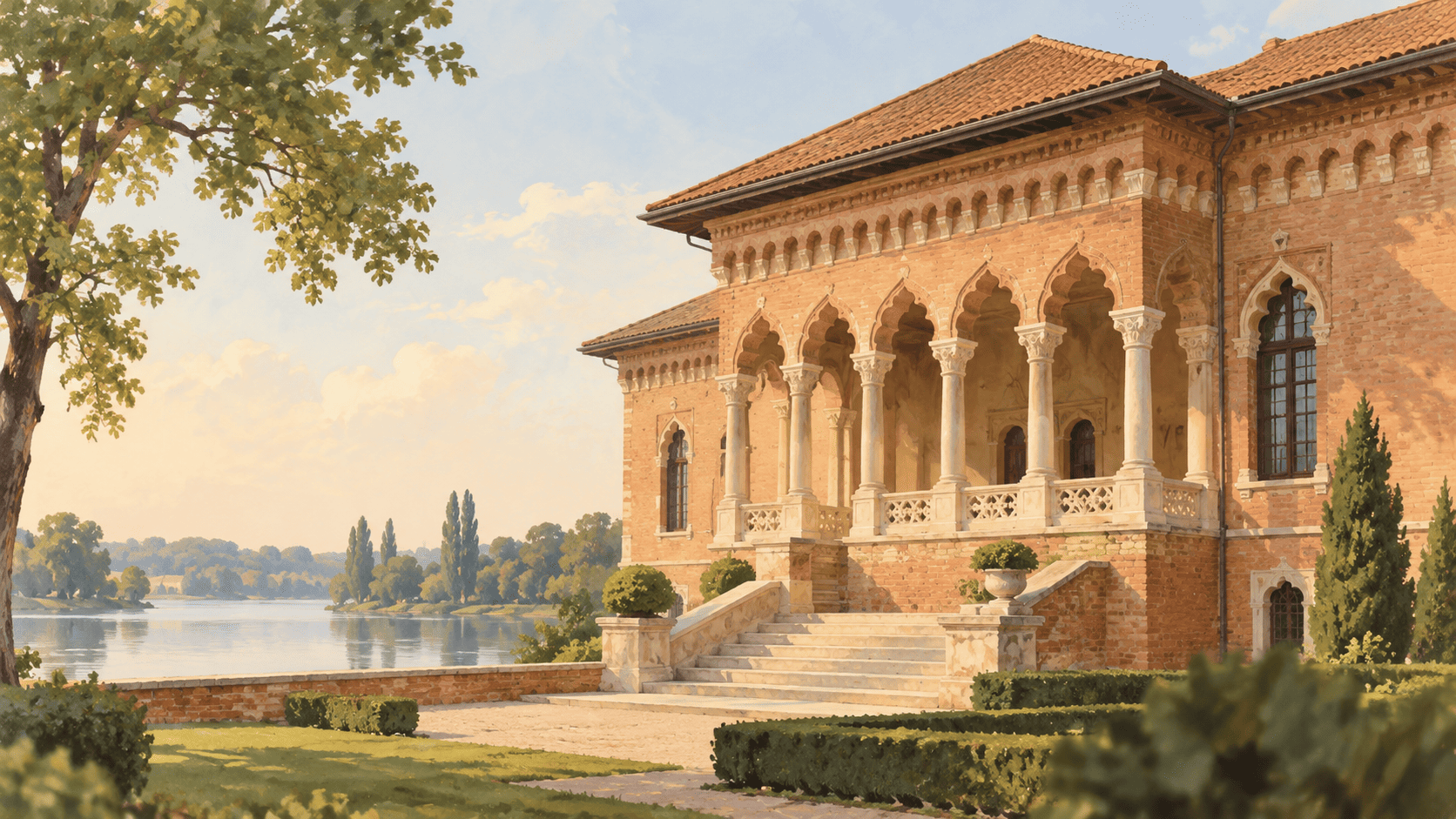 Illustration of a terracotta palace beside a lake, with carved stone columns, an open loggia and a broad staircase inspired by Brâncovenesc architecture
